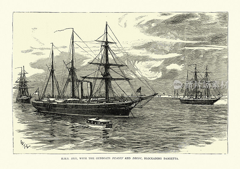 英国-埃及战争期间，HMS Iris和炮艇Beacon和Decoy封锁了Damietta